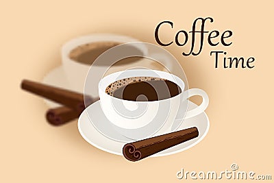 A cup of coffee and cinnamon sticks on a delicate beige background. Coffee time. Vector illustration Cartoon Illustration